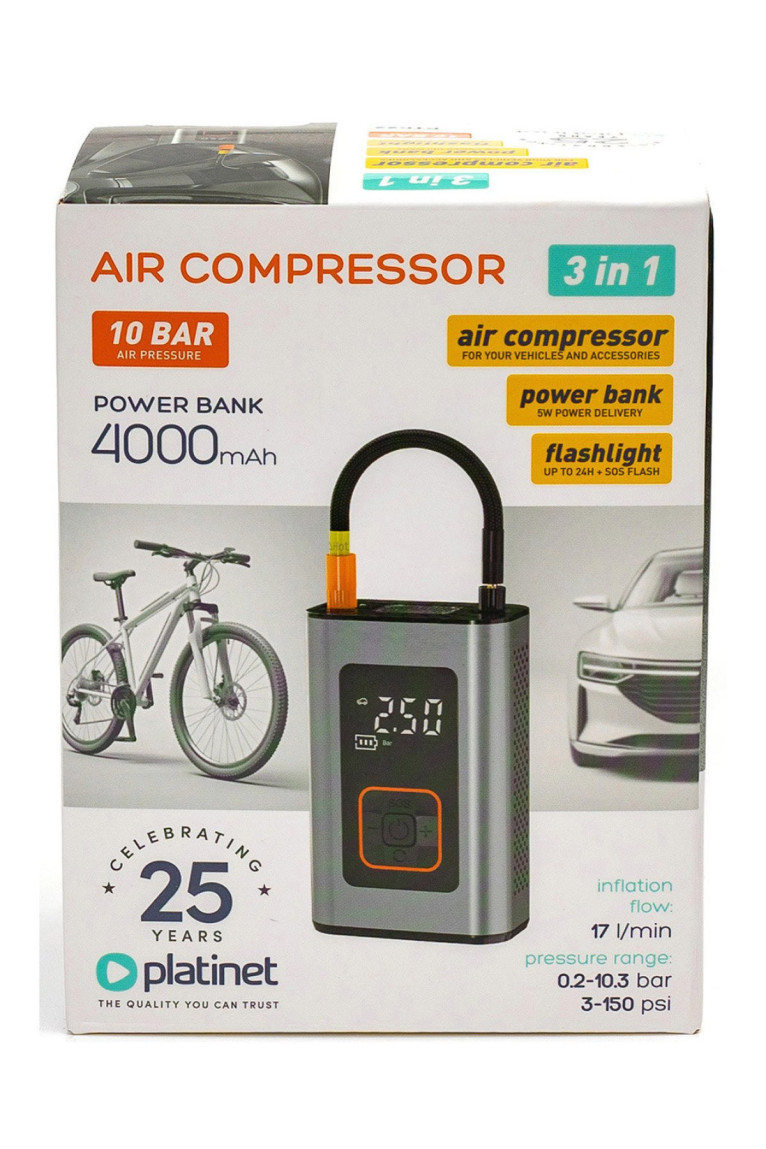 Compresseur d'air portable 3-en-1 80 x 48 x 125 mm PLATINET