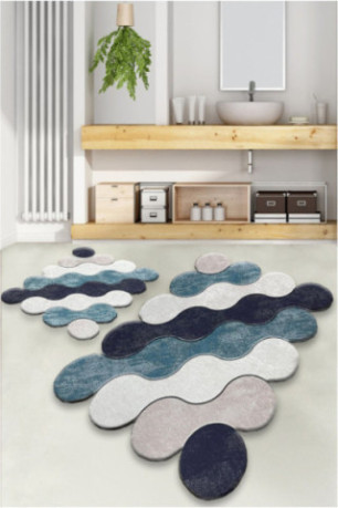 Ensemble de tapis de bain (2 pièces) - Bleu / Bleu foncé / Blanc / Beige
