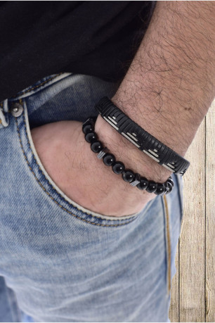 Coffret 2 bracelets cuir et perles d'onyx L'atelier de Gaspard
