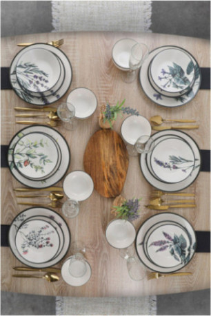 Service de table en céramique (24 pièces) - Blanc/Vert/Violet/Noir