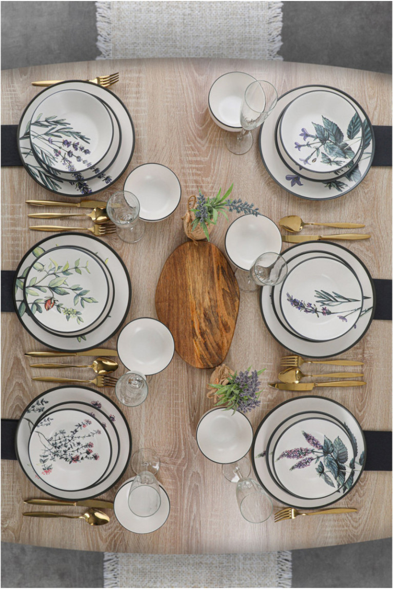 Service de table en céramique (24 pièces) - Blanc/Vert/Violet/Noir