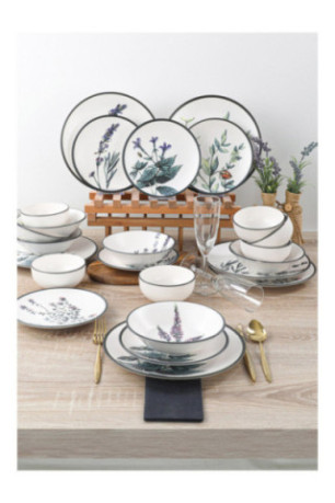 Service de table en céramique (24 pièces) - Blanc/Vert/Violet/Noir