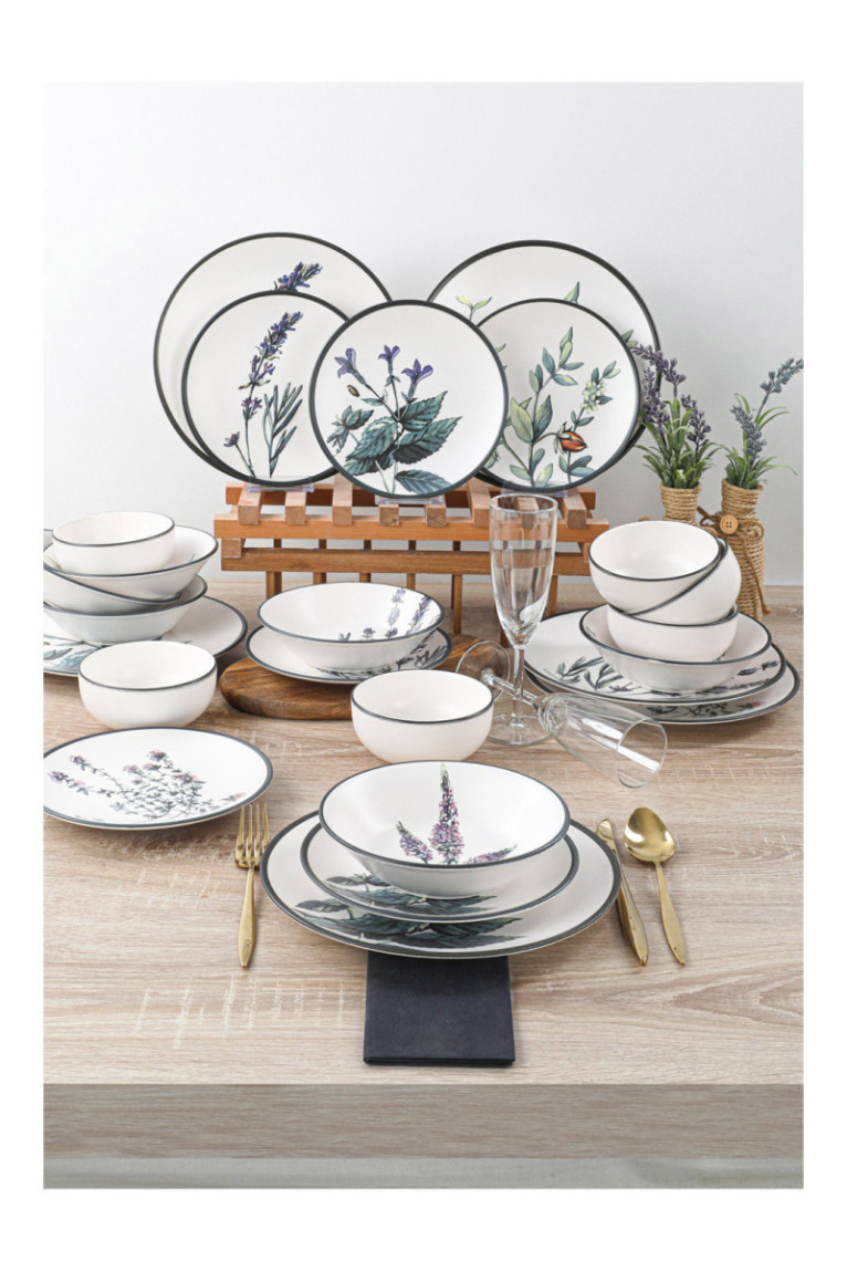 Service de table en céramique (24 pièces) - Blanc/Vert/Violet/Noir