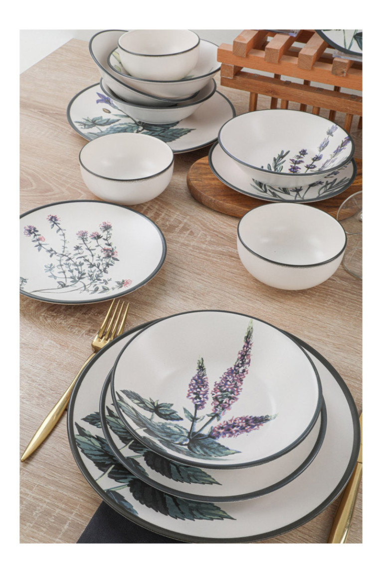 Service de table en céramique (24 pièces) - Blanc/Vert/Violet/Noir