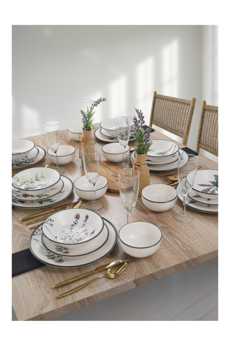 Service de table en céramique (24 pièces) - Blanc/Vert/Violet/Noir