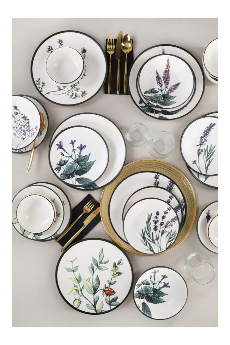 Service de table en céramique (24 pièces) - Blanc/Vert/Violet/Noir