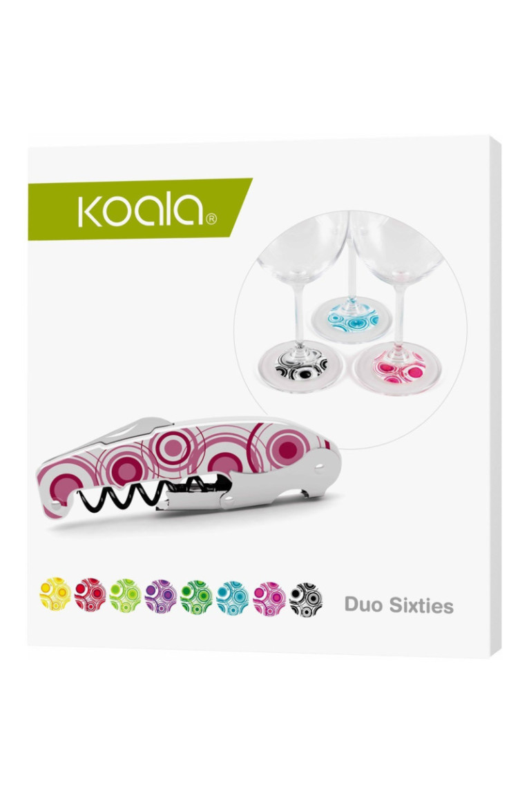 Kit smart et fun 60's : 1 tire-bouchon et 8 marque-verre assortis. - Classwine