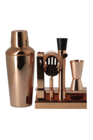 Kit Cocktail Pink Gold 6 pcs : 1 shaker 500ml. 1 pince. 1 passoire. 1 pilon. 1 double doseur et le socle assorti - PCK01