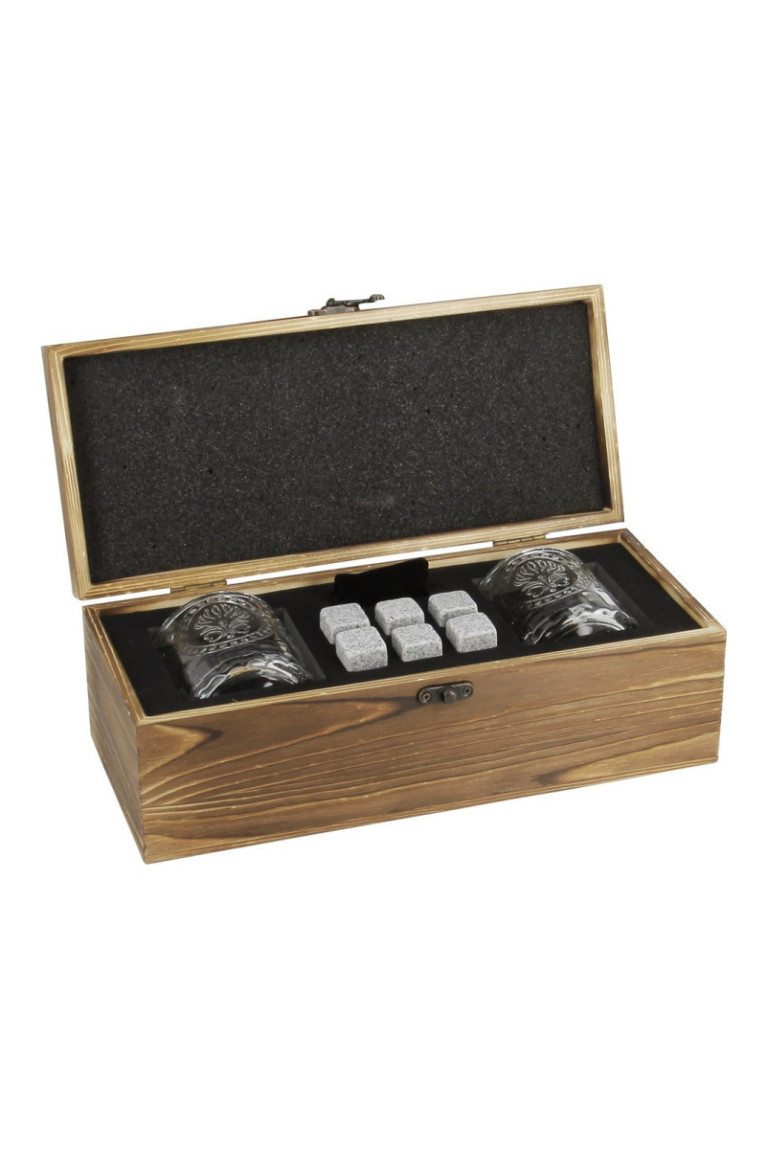 Mallette en bos whisky 2 verres et 6 pierres rafraichissantes en granit - Classwine