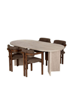 Ensemble table et chaises de salle à manger (5 pièces) - Travertin brun noyer