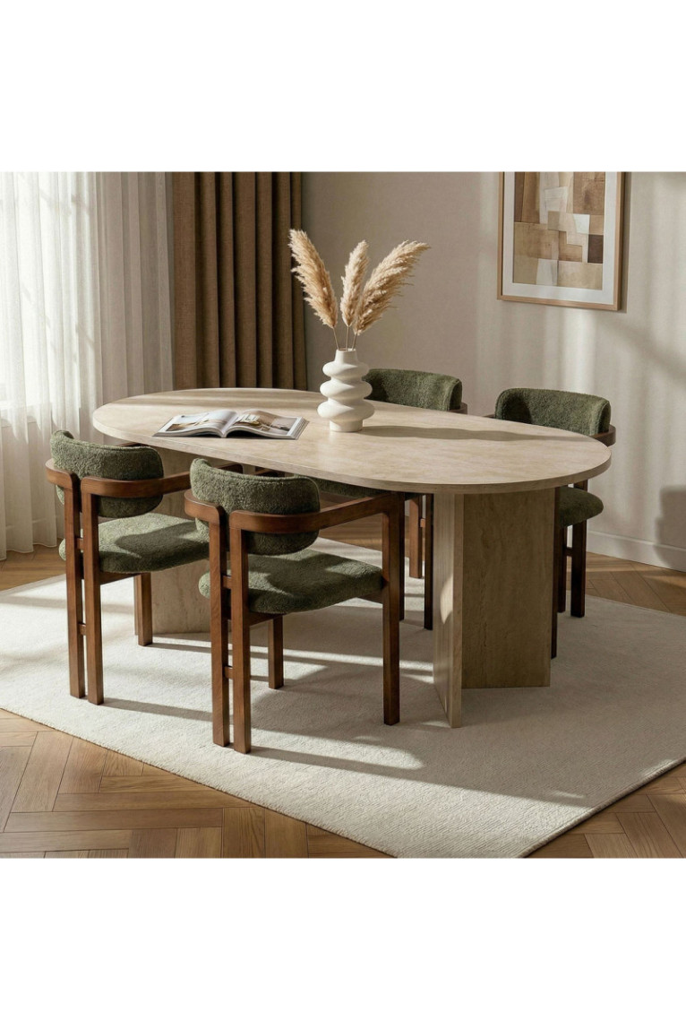 Ensemble table et chaises de salle à manger (5 pièces) - Travertin vert noyer