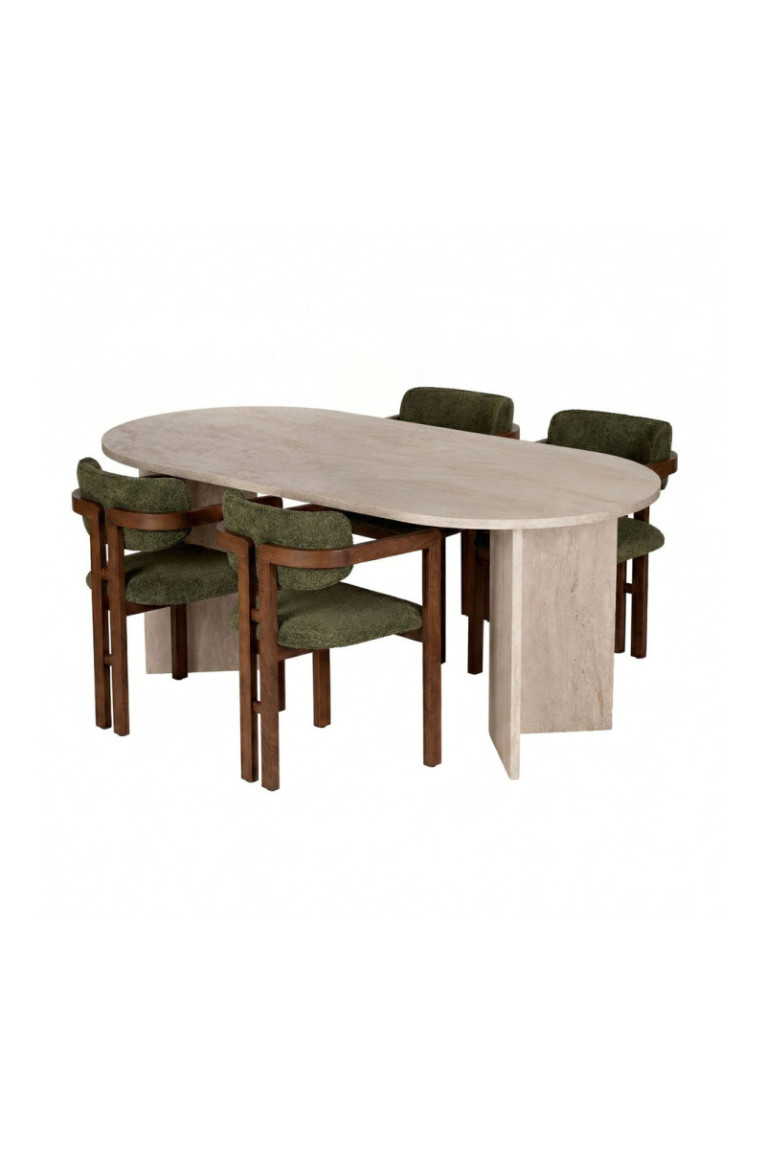 Ensemble table et chaises de salle à manger (5 pièces) - Travertin vert noyer
