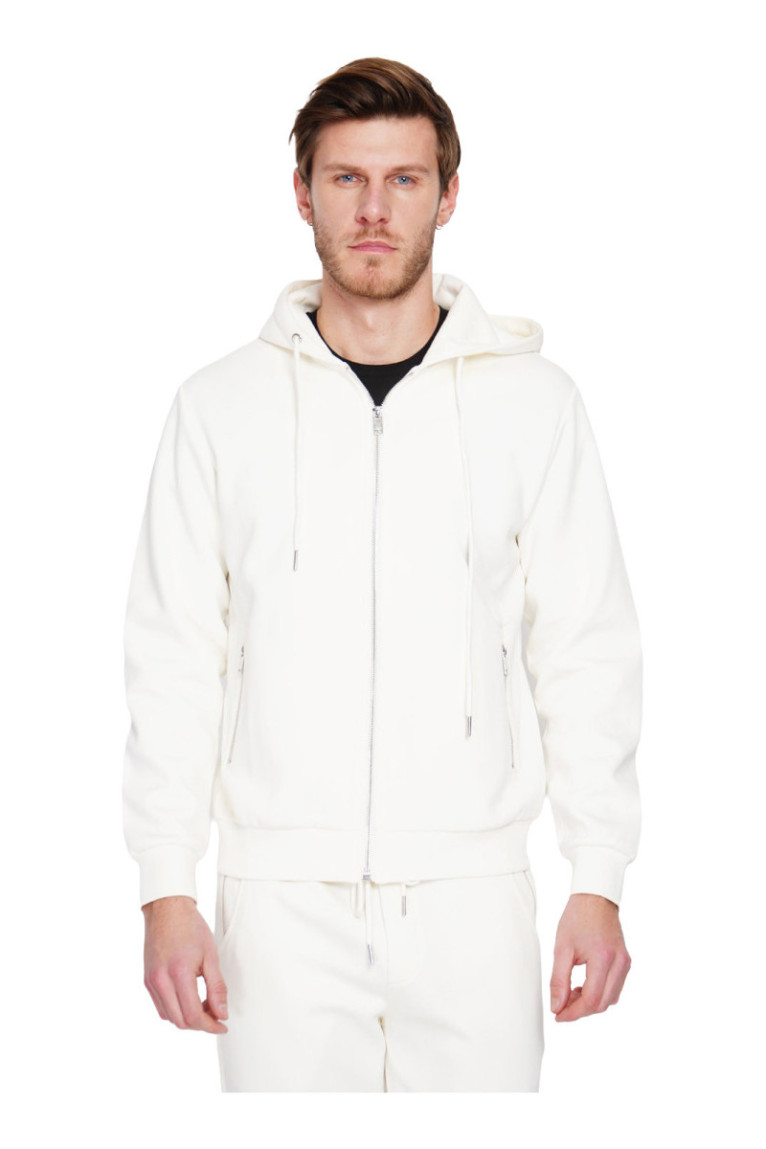 Gilet à capuche zippé en molleton double face  avec cordon de réglage - Blanc Casse