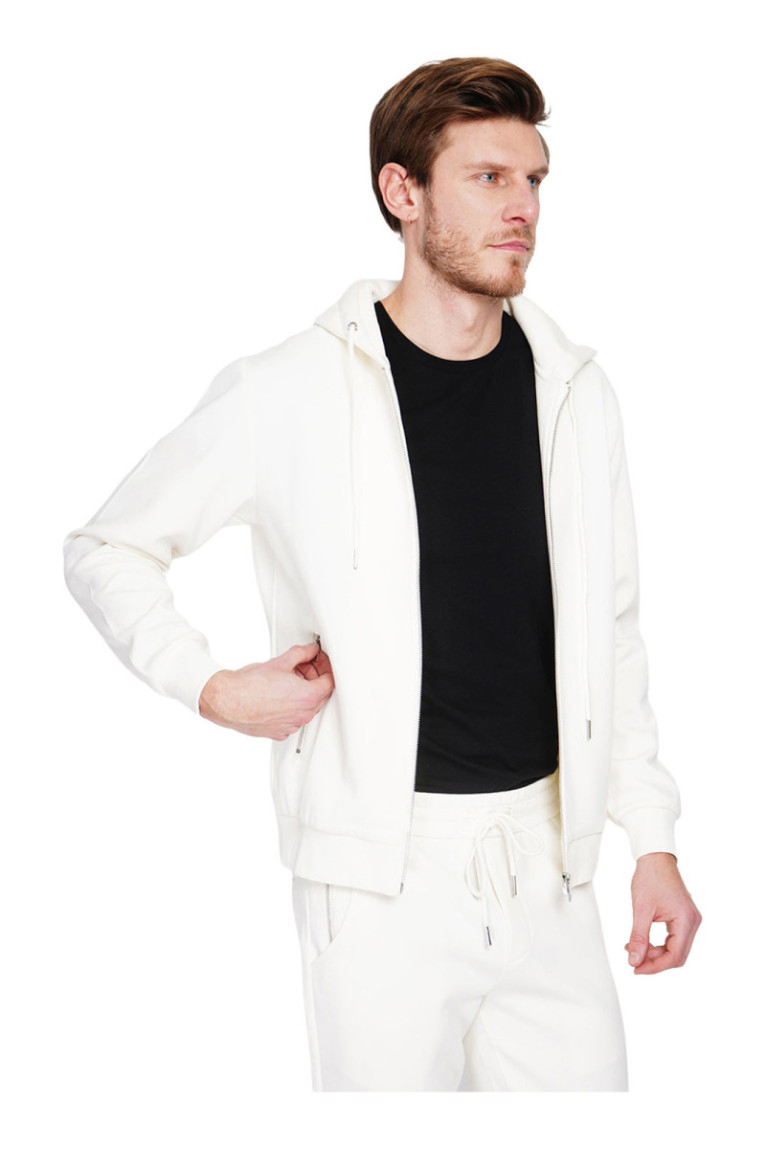 Gilet à capuche zippé en molleton double face  avec cordon de réglage - Blanc Casse