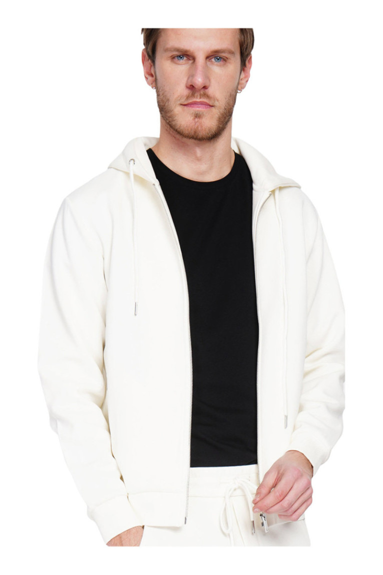 Gilet à capuche zippé en molleton double face  avec cordon de réglage - Blanc Casse