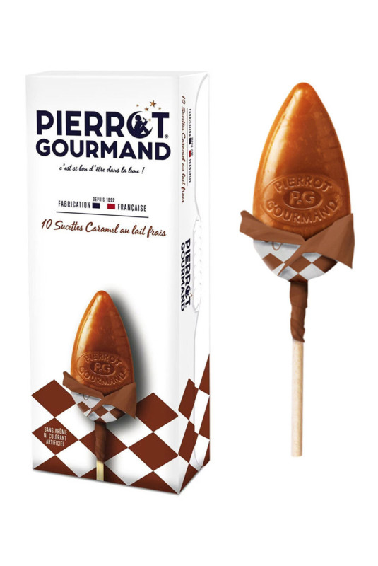 Etui 10 sucettes caramel Pierrot Gourmand (bâtonnet bois)