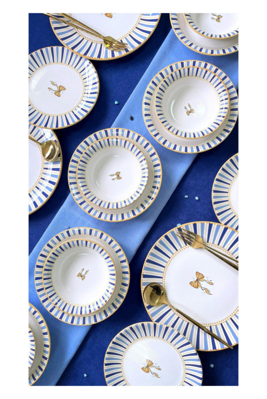 Service de table (24 pièces) - Blanc Bleu Bleu clair