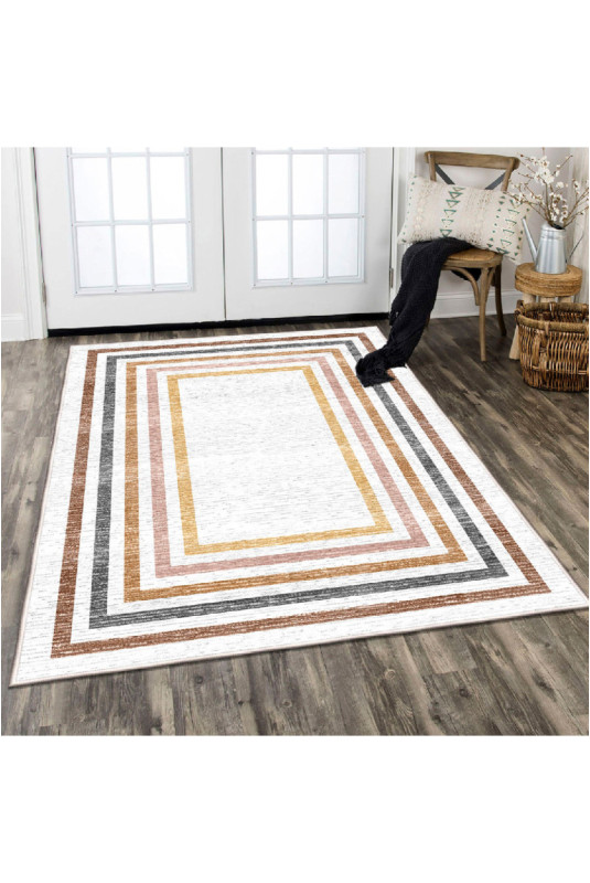 Tapis 80x150cm - Crème Jaune Tuile Rouge Orange Noir