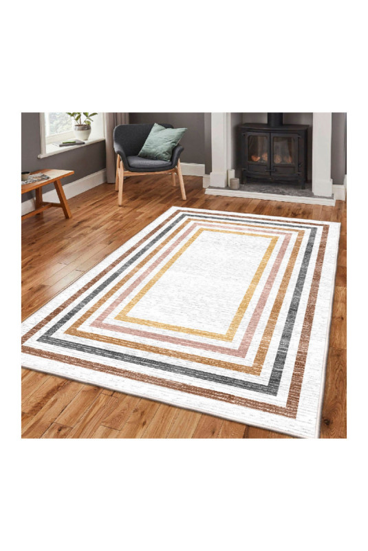 Tapis 80x150cm - Crème Jaune Tuile Rouge Orange Noir