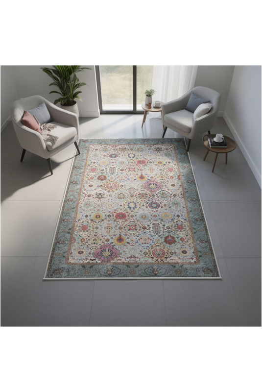 Tapis 80x150cm - Crème Rouge Orange Bleu Vert