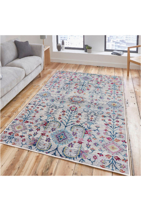 Tapis 80x150cm - Bleu Orange Rose Gris