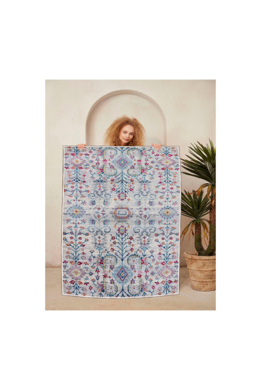 Tapis 80x150cm - Bleu Orange Rose Gris