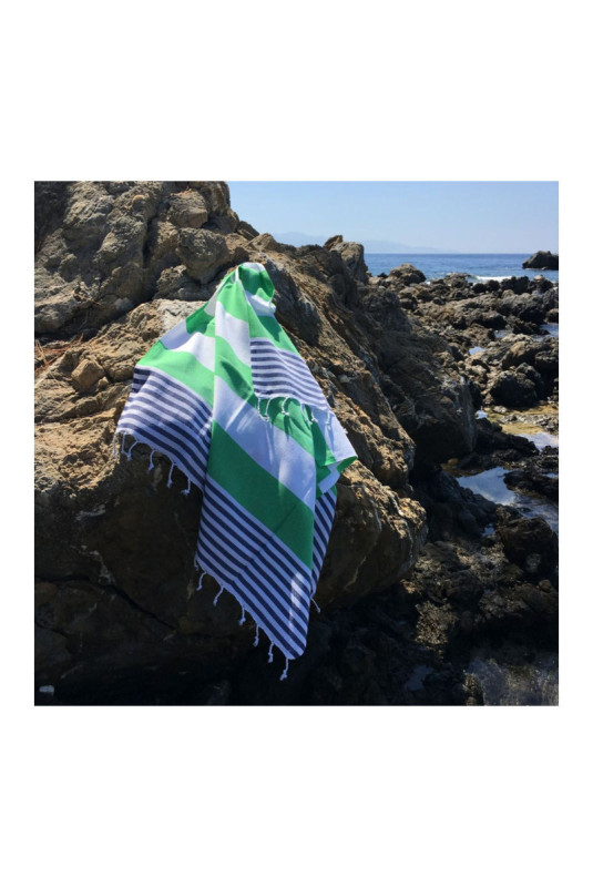 Fouta (Serviette de plage) - Bleu foncé Vert Blanc