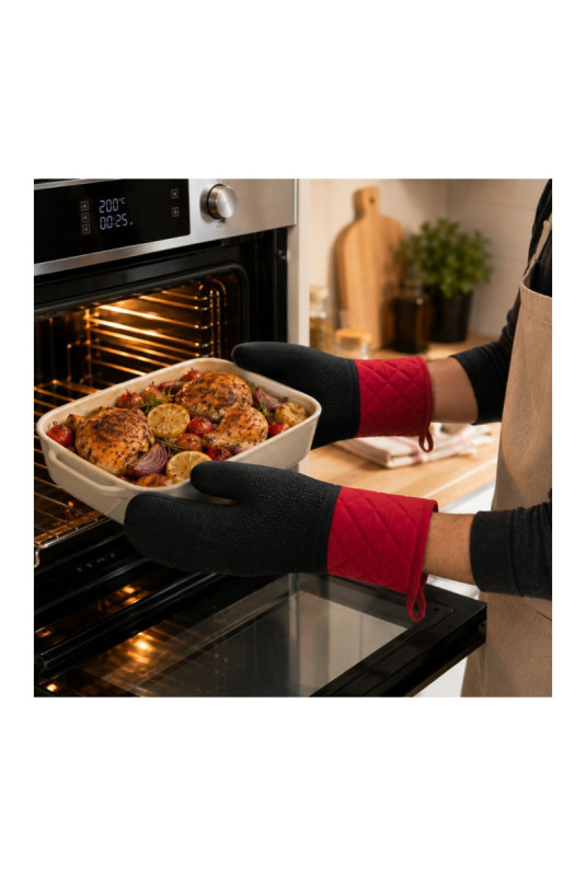 Set de 2 gants barbecue Noir et rouge Taille universelle