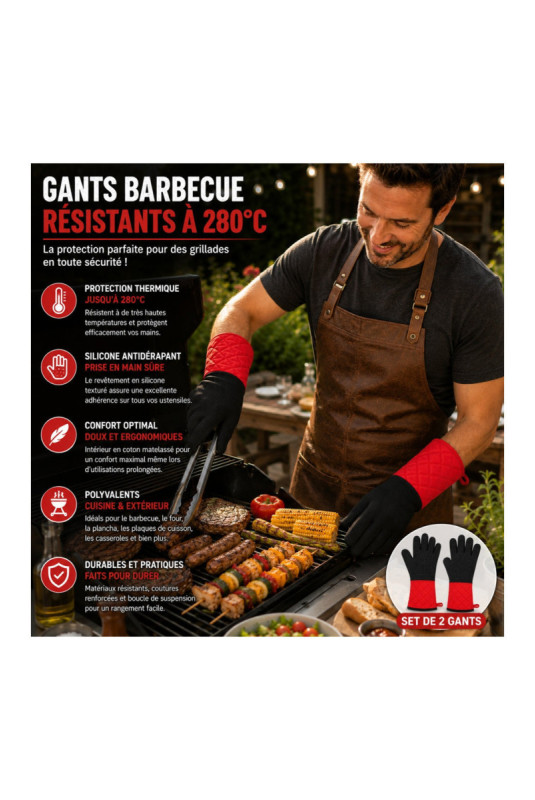 Set de 2 gants barbecue Noir et rouge Taille universelle