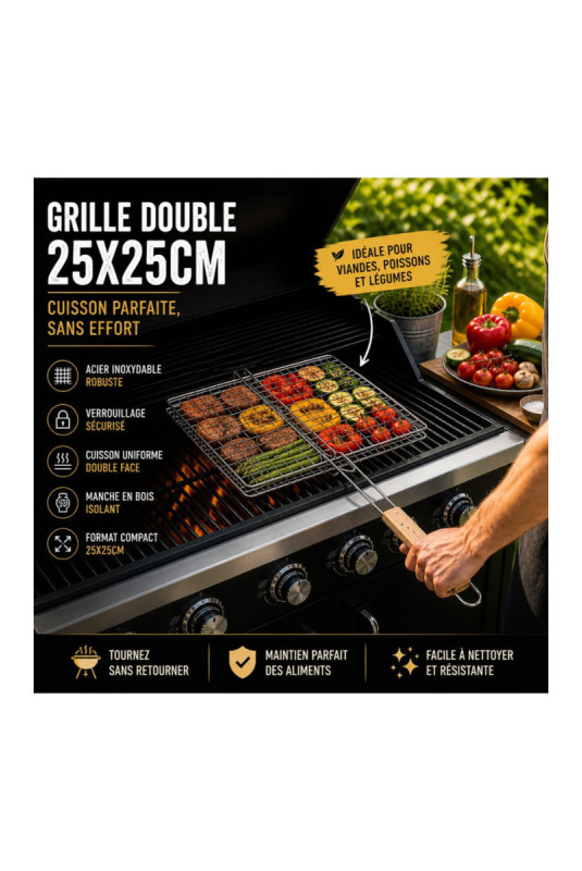Lot de 2 doubles grilles de barbecue 25 x 25 cm