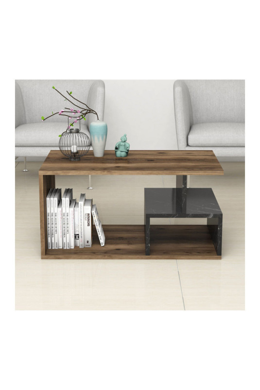 Table basse - Noyer foncé et marbre noir
