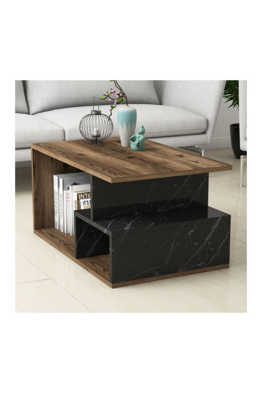 Table basse - Noyer foncé et marbre noir