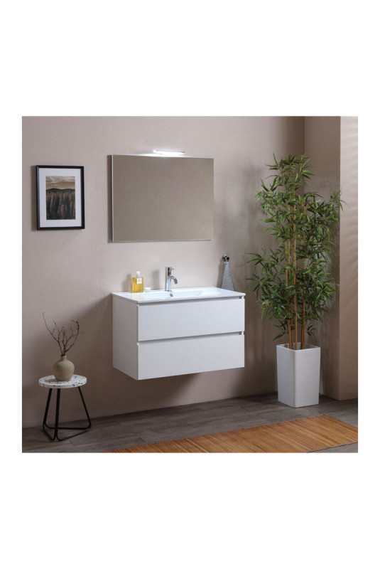 Meuble de salle de bain suspendu avec vasque et miroir Belize Blanc 80 cm