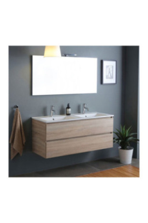Meuble de salle de bain suspendu avec double vasque et miroir Belize Chêne 120 cm