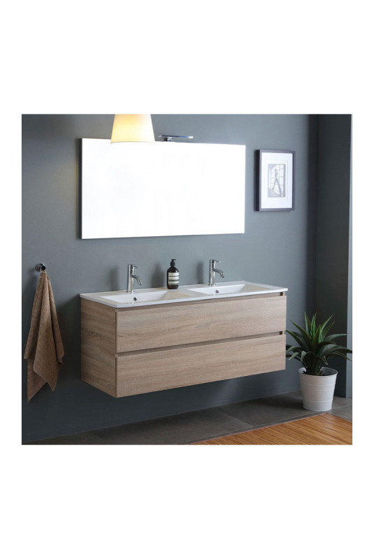 Meuble de salle de bain suspendu avec double vasque et miroir Belize Chêne 120 cm