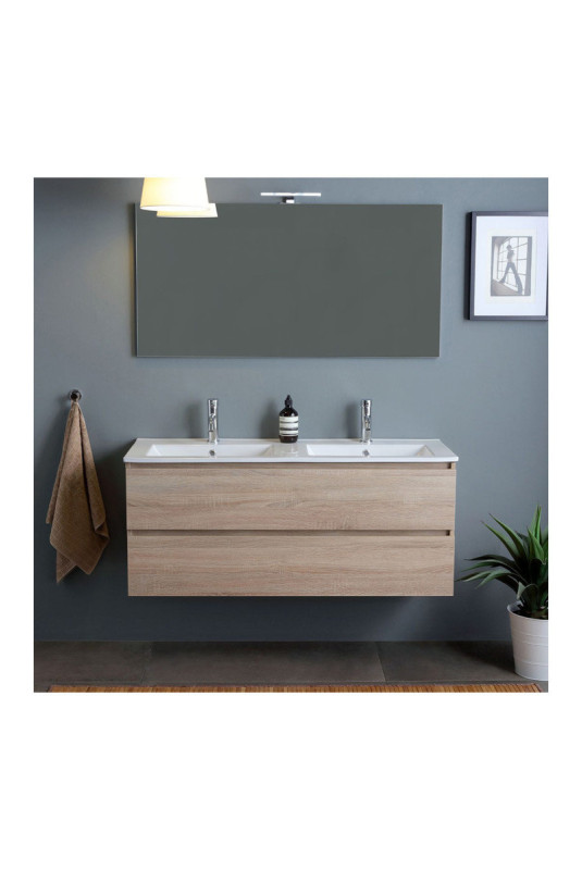 Meuble de salle de bain suspendu avec double vasque et miroir Belize Chêne 120 cm