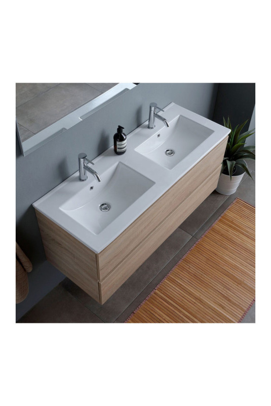 Meuble de salle de bain suspendu avec double vasque et miroir Belize Chêne 120 cm