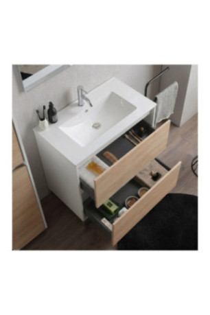 Meuble de salle de bain avec vasque Lione Blanc et chêne 100 cm