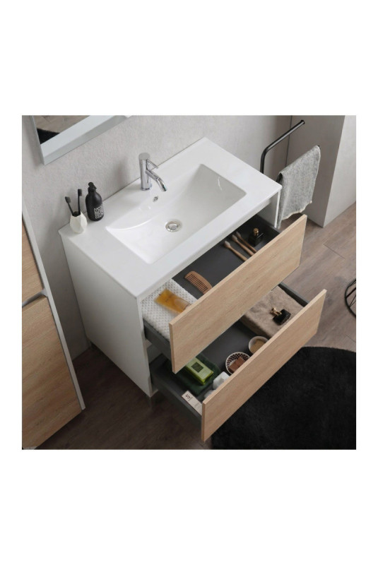 Meuble de salle de bain avec vasque Lione Blanc et chêne 100 cm