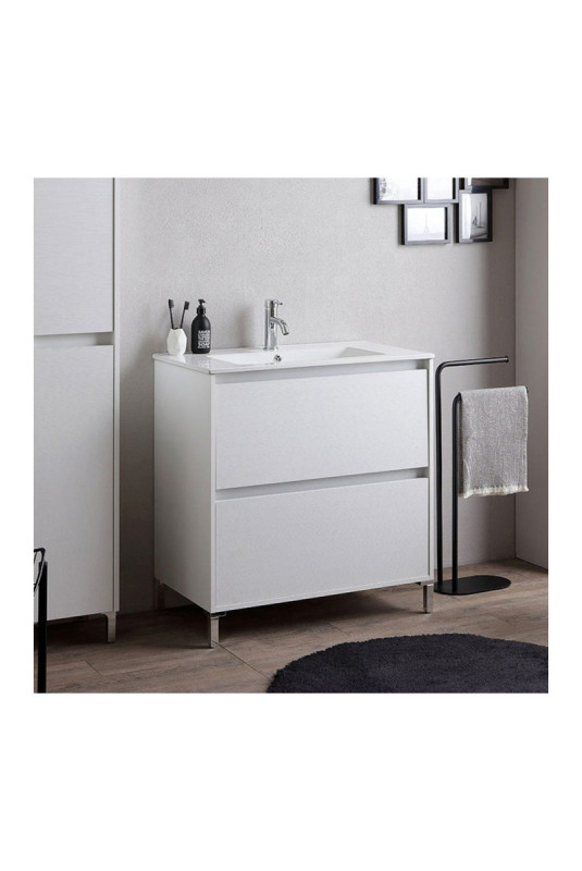 Meuble de salle de bain avec vasque en céramique Lione Blanc 100 cm