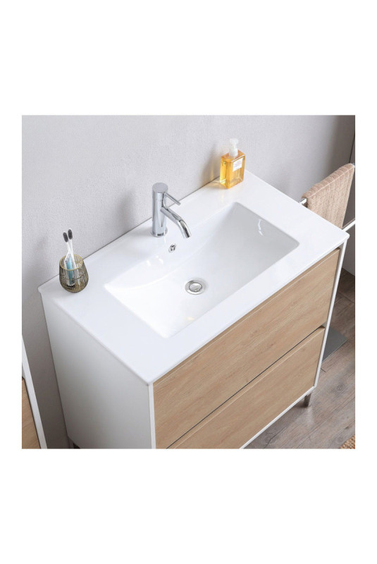 Meuble de salle de bain avec vasque Lione Blanc et chêne 60 cm