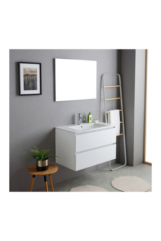 Meuble de salle de bain suspendu avec vasque et miroir Bali Blanc 80 cm