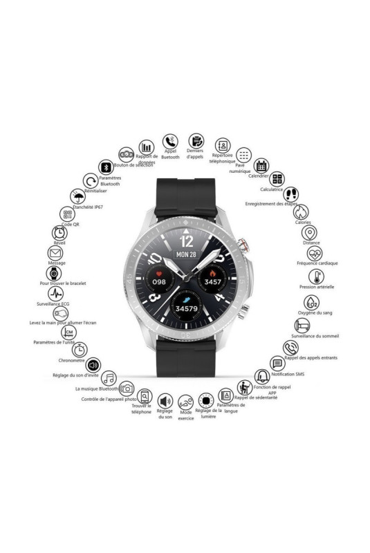 Montre connectée multifonctions Noir et argent 1,3 pouce