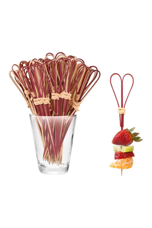 Lot de 50 pics à cocktail Forme cœur Bois naturel et rouge 9 cm