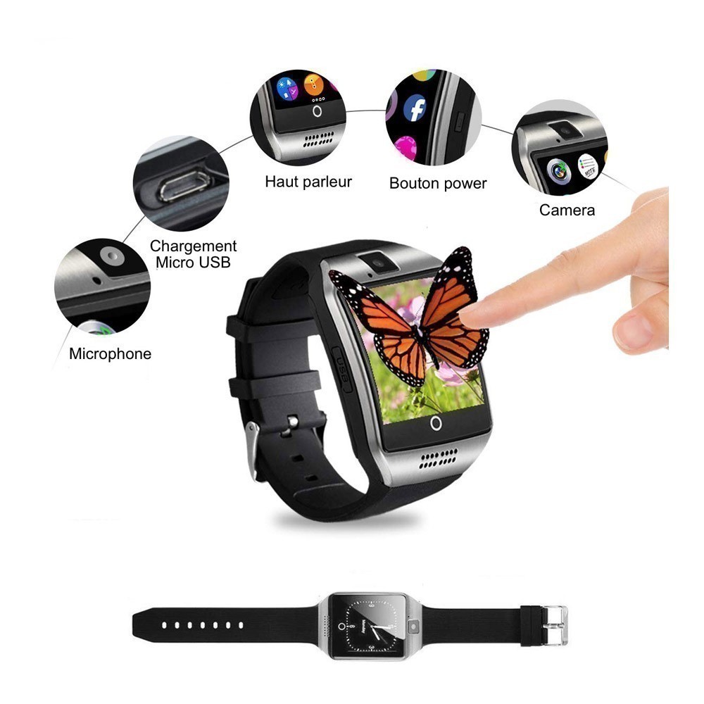 Montre connectée Bluetooth étanche avec caméra et microphone intégré - Noir  & argent
