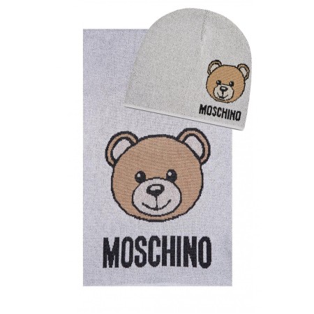 Ensemble écharpe bonnet à gros logo  Moschino GRIS 30666+65214