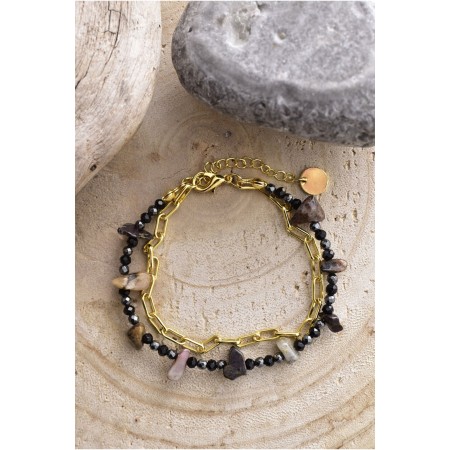 Bracelet double perles véritables L'atelier de Gaspard Noir gris or A18 Perle