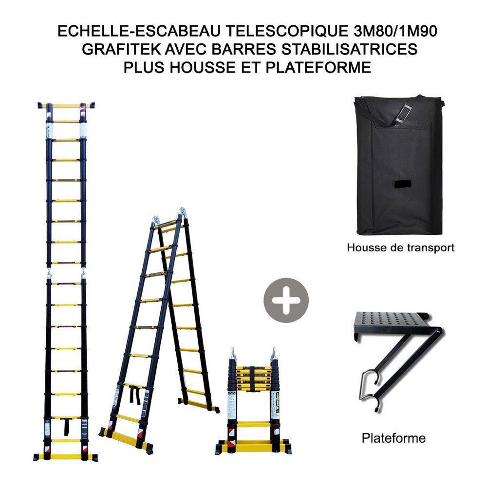 Lot Echelle-escabeau télescopique double barres stabilisatrices 3.80 m-1.90  m +Housse + Plateforme pliante. surface antidérapant