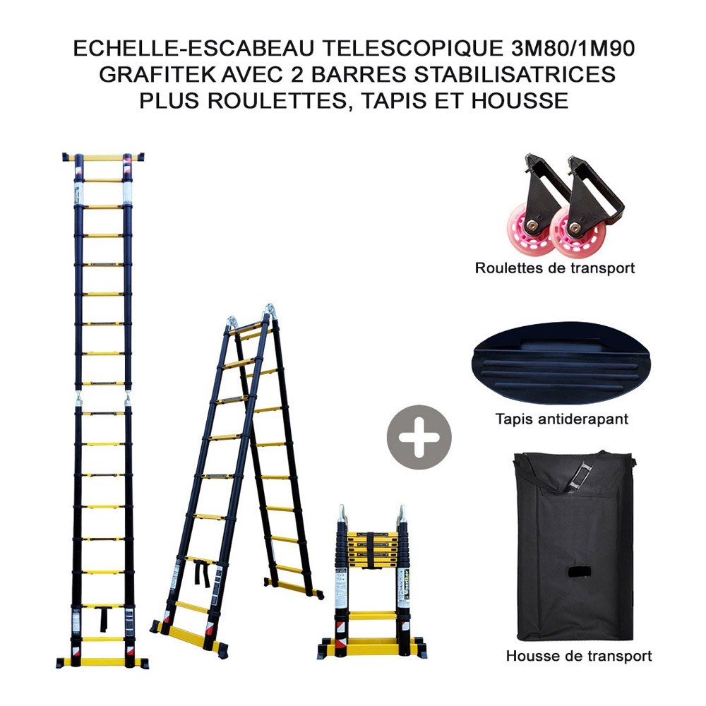 Lot Echelle-escabeau télescopique Grafitek double barres stabilisatrices -  3.80 m - 1.90 m +Housse pour échelle - Homme Prive