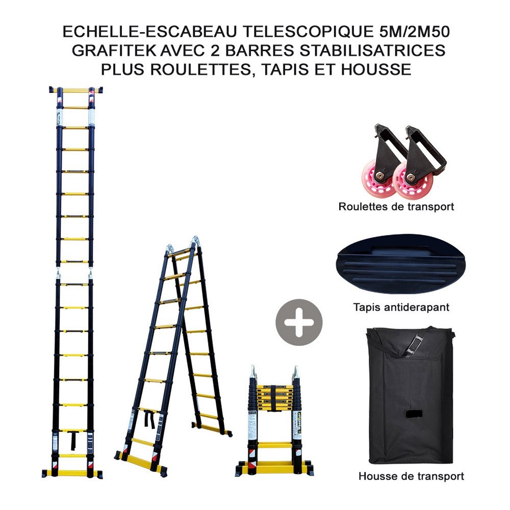 Echelle-escabeau télescopique 5m/2m50 Woerther avec double barres
